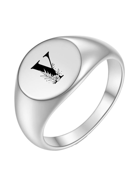 Initial Rings for Men Women Letter Rose Flower Name Black Silver Gold Plated Size 4 Stainless Steel Cool Personalized Statement Simple Jewelry Silver Y Size 12