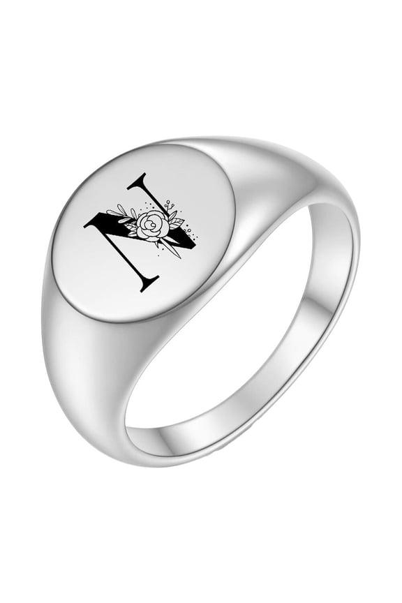Initial Rings for Men Women Letter Rose Flower Name Black Silver Gold Plated Size 4 Stainless Steel Cool Personalized Statement Simple Jewelry Silver N Size 5