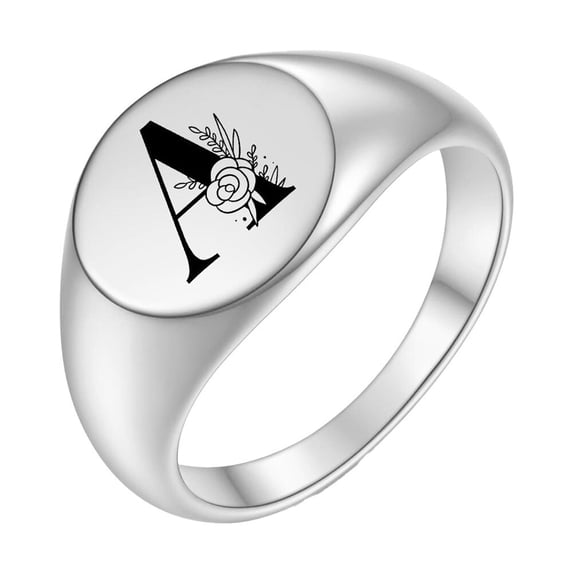 PAURO Initial Rings for Men Women Letter Rose Flower Name Black Silver Gold Plated Size 4 Stainless Steel Cool Personalized Statement Simple Jewelry Silver A Size 10