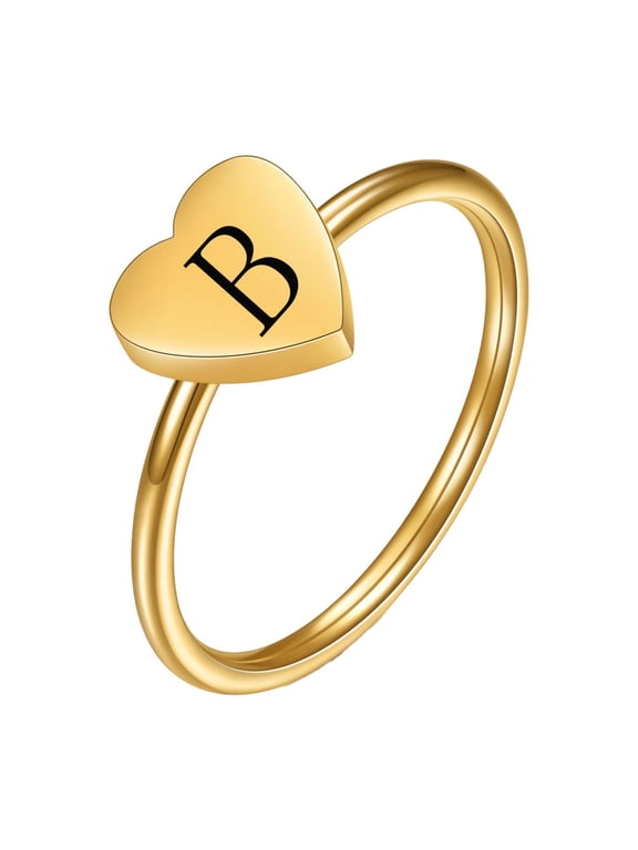 Initial Rings for Women Heart Letter A-Z Silver Gold Plated Stainless Steel Dainty Alphabet Letter K Cute Statement Personalized Simple Jewelry Gold B Size 9