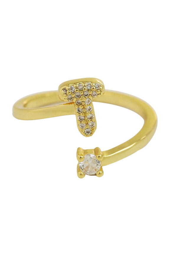Initial Rings for Women Cute Open Adjustable Cubic Zirconia Bubble Letter Gold Plated Stainless Steel Personalized Statement Jewelry Letter T