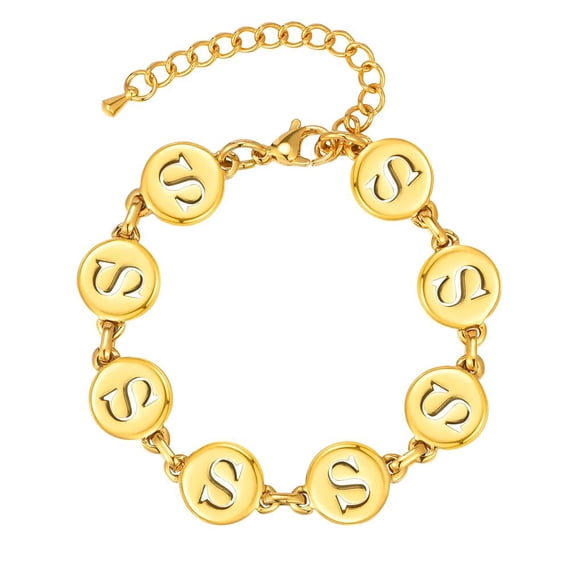 PAURO Letter Bracelets for Women Disc Initial A-Z Cute Name Stainless Steel Charm Personalized Dainty Simple Cuff Capital Monogram Jewelry Gold Letter S