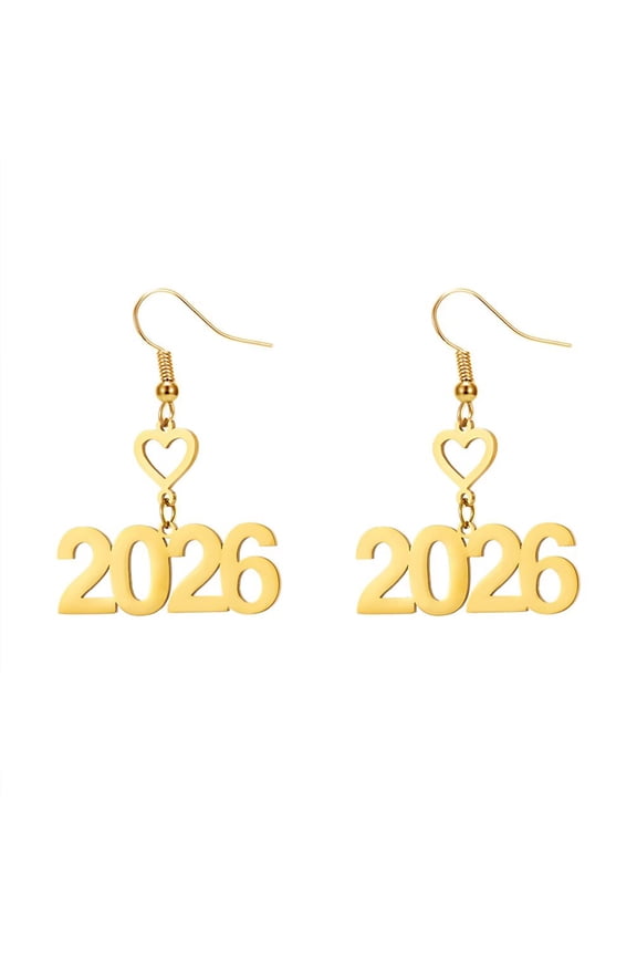 Long New Years Earrings for Women Drop Dangle Heart Stainless Steel Number 2026 Gold Plated Dainty Statement Simple Unique Jewelry Gold