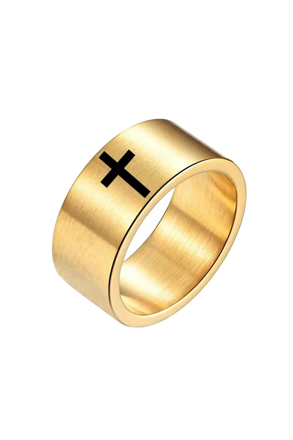 Men 10mm Stainless Steel Cross Ring Christian Cross Classic Plain Wedding Band Statement Anniversary Ring Gold Size 13