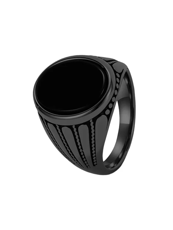 Men Oval Gemstone Ring with Black Stone Signet Ring High-Detail Engraved Sides Black Size 10
