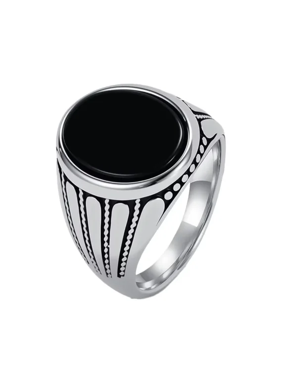 Men Oval Gemstone Ring with Black Stone Signet Ring High-Detail Engraved Sides Silver Size 9
