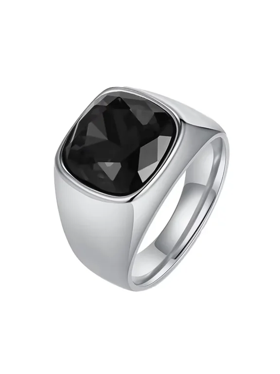 Men Square Gemstone Signet Rings Fancy Cut Cubic Zirconia Statement Ring Wedding Bands Christmas Gift Silver Plated Black Size 11