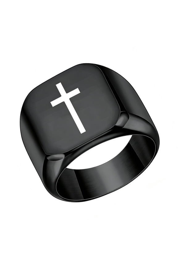 Men Stainless Steel 17mm Square Ring Signet Style Classical Simple Plain Wide Cross Promise Ring Black Size 6