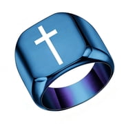 PAURO Men Stainless Steel 17mm Square Ring Signet Style Classical Simple Plain Wide Cross Promise Ring Blue Size 5