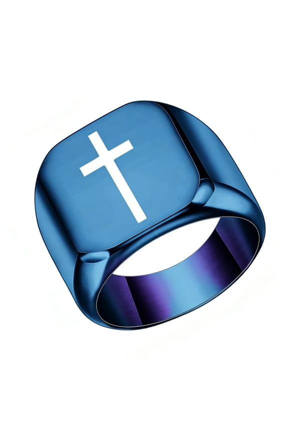 Men Stainless Steel 17mm Square Ring Signet Style Classical Simple Plain Wide Cross Promise Ring Blue Size 5