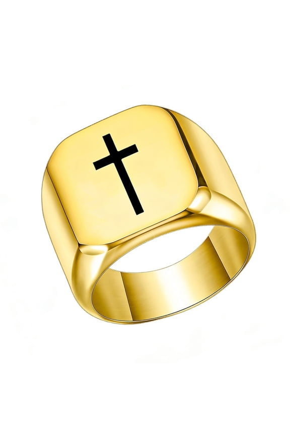 Men Stainless Steel 17mm Square Ring Signet Style Classical Simple Plain Wide Cross Promise Ring Gold Size 6