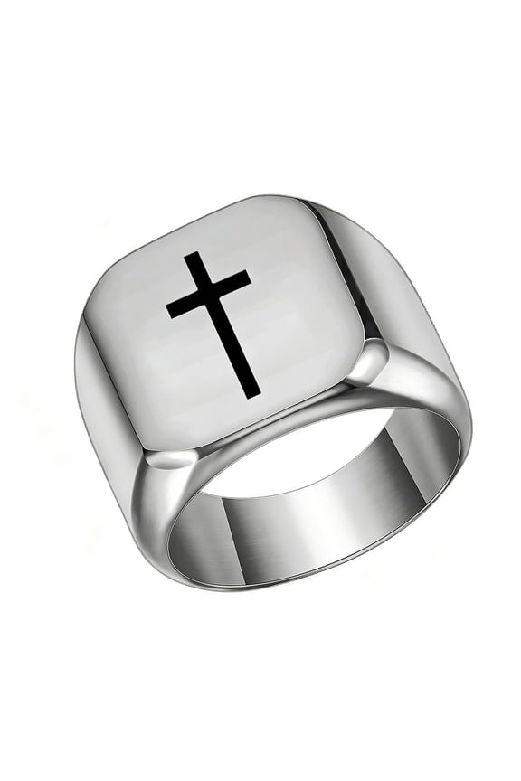 Men Stainless Steel 17mm Square Ring Signet Style Classical Simple Plain Wide Cross Promise Ring Silver Size 4