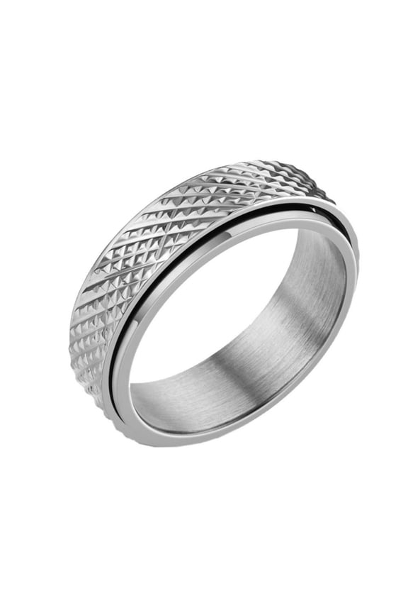 Men Stainless Steel Anxiety Ring 6mm Rotating Spinner with Rhombus Pattern Engraving Fidget Ring Silver Size 11
