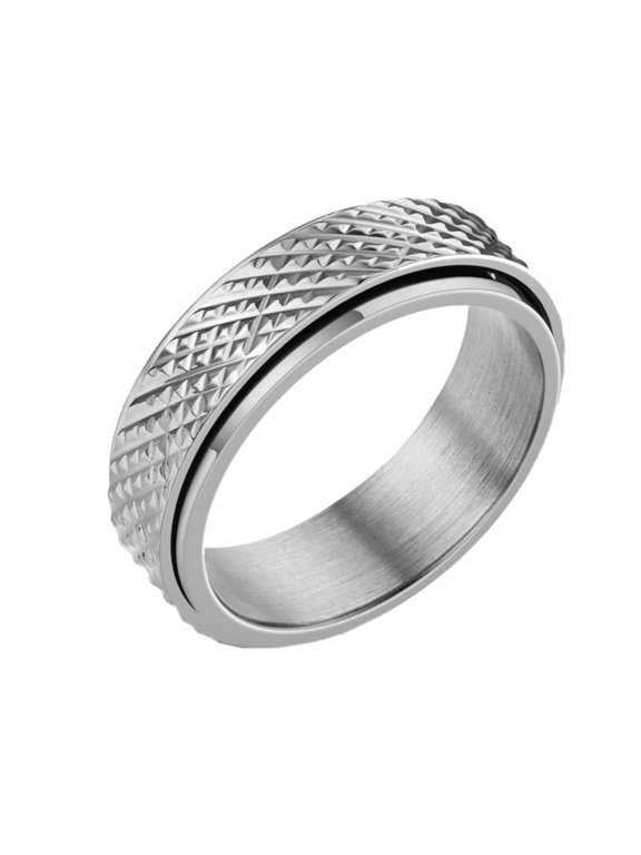 Men Stainless Steel Anxiety Ring 6mm Rotating Spinner with Rhombus Pattern Engraving Fidget Ring Silver Size 11
