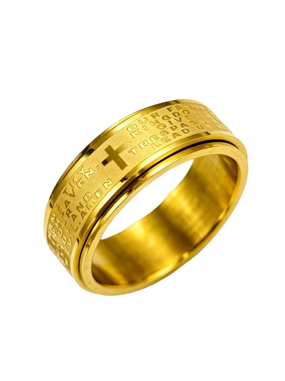 Men Stainless Steel Bible Verse Cross Spinner Ring Christian Lord's Prayer Rotating Statement Promise Wedding Band Gold Plated Size 9