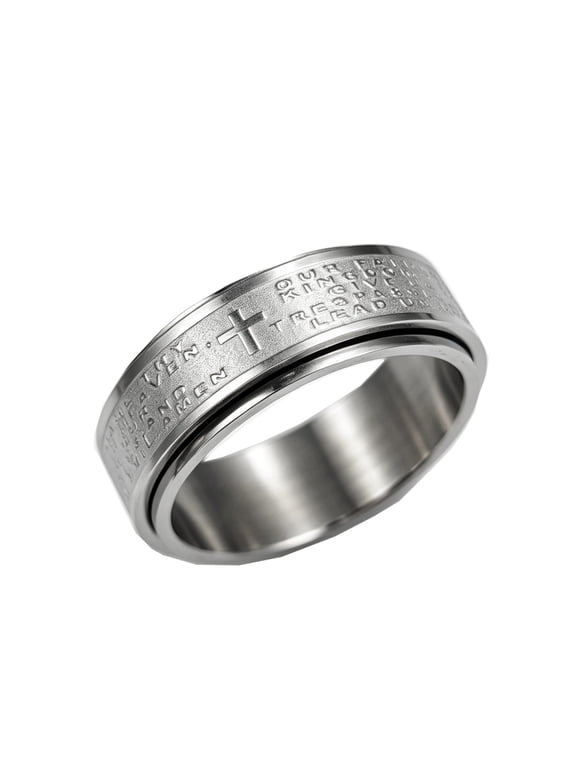 Men Stainless Steel Bible Verse Cross Spinner Ring Christian Lord's Prayer Rotating Statement Promise Wedding Band Silver Plated Size 5