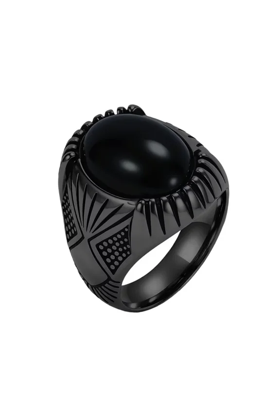Men Stainless Steel Black Stone Rings Oval Gemstone Signet Ring Statement Ring Black Size 10