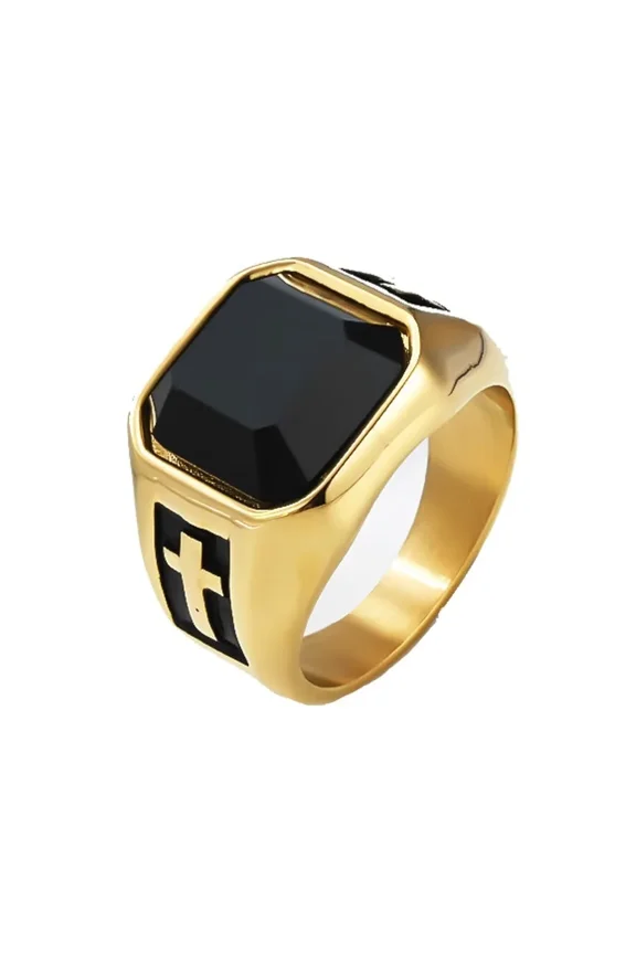 Men Stainless Steel Cross Ring Black Gemstone Cross Eternity Promise Wedding Band Gold Size 9