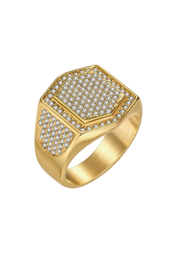 Men Stainless Steel Geometric Hexagon Ring Iced out Bling Crystal Ring Hip Hop Punk Heavy Rings Party Gold Size 7