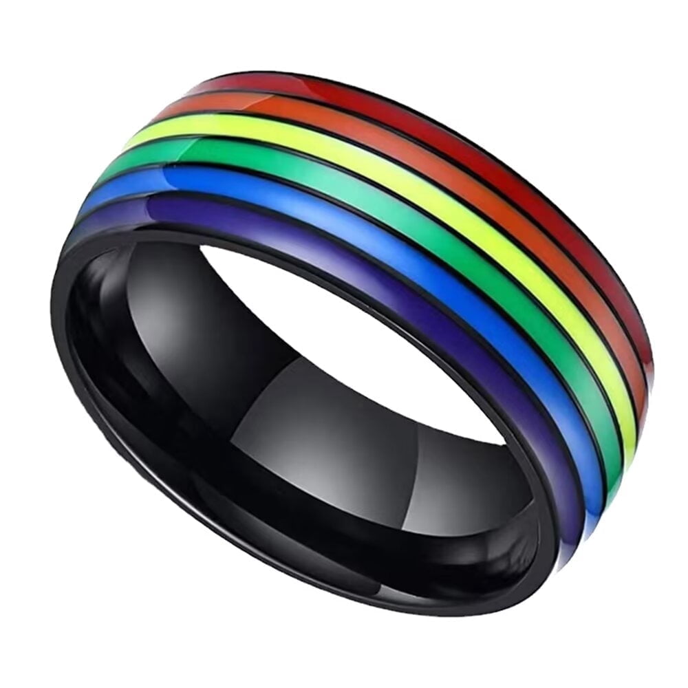 PAURO Men Stainless Steel Pride Ring 8mm LGBT Gay Lesbian Rainbow ...