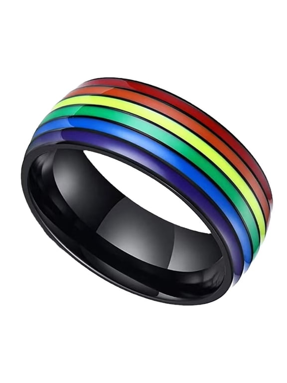 Men Stainless Steel Pride Ring 8mm LGBT Gay Lesbian Rainbow Wedding Promise Band Rings Black Size 10
