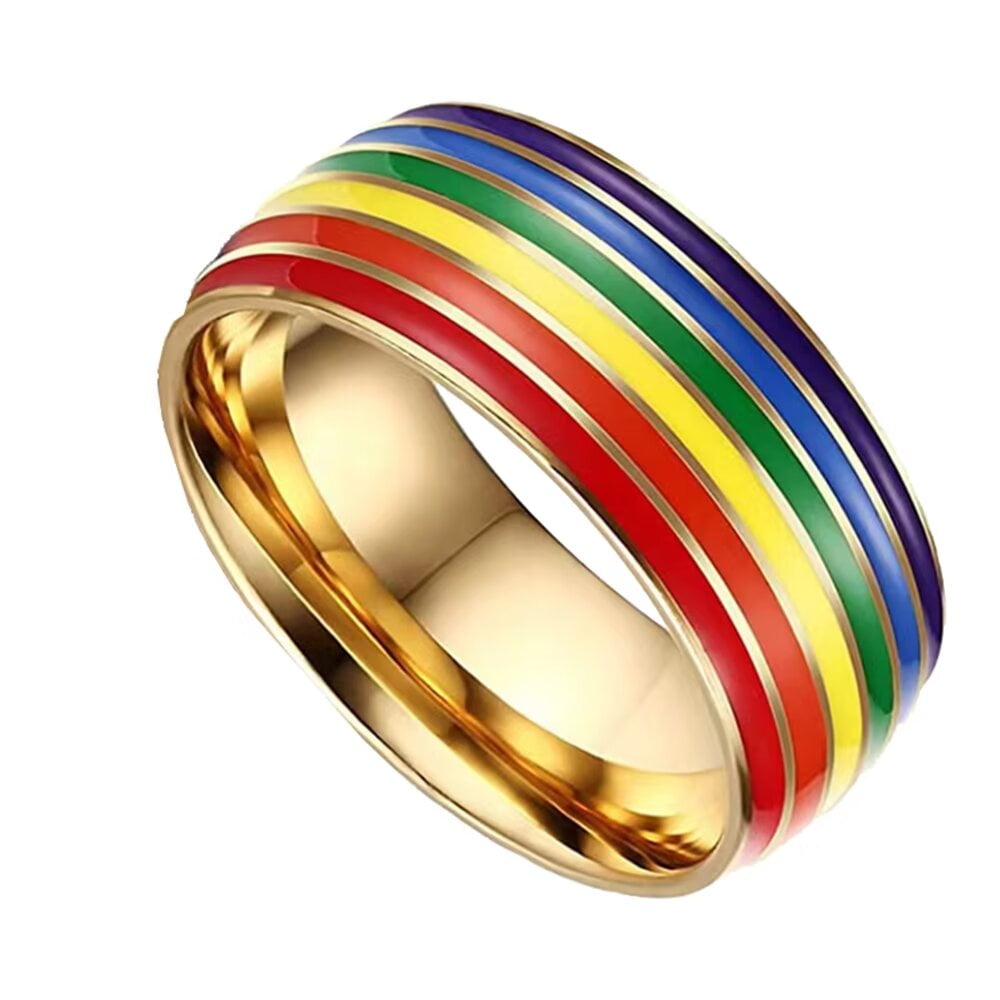 PAURO Men Stainless Steel Pride Ring 8mm LGBT Gay Lesbian Rainbow ...