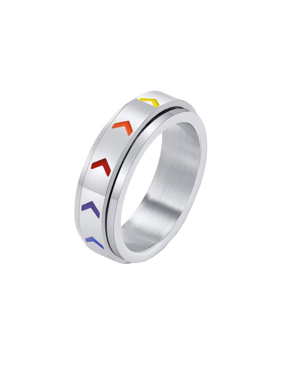 Men Stainless Steel Rainbow Pride Spinner Ring LGBTQ Anxiety Stress Relief Wedding Band Silver Size 10