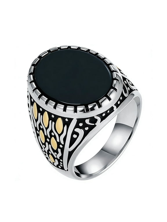Men Stainless Steel Retro Gemstone Ring Oval Black Stone Ring Cocktail Party Ring Gold Silver Size 9