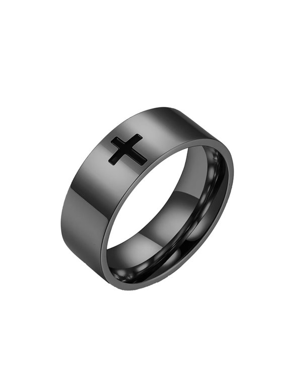Men Stainless Steel Ring Classical Simple Plain Christian Cross Religious Wedding Band Ring 8mm Black Size 9