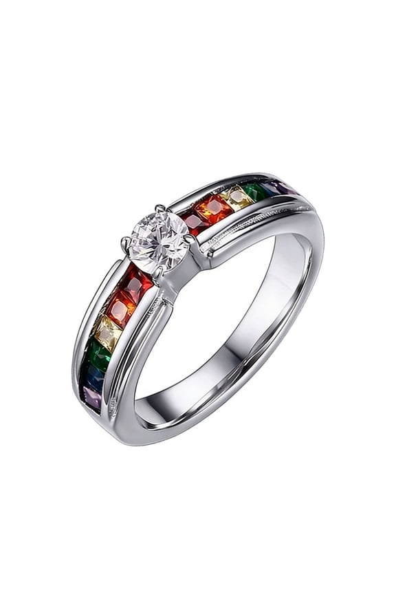 Men Stainless Steel Ring LGBT Gay & Lesbian Pride Rainbow Cubic Zirconia Wedding Engagement Rings Size 11
