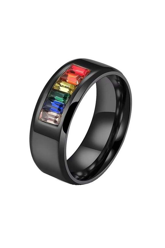 Men Stainless Steel Ring LGBT Pride Rainbow Statement Rings LGBTQ 8MM Rainbow Cubic Zirconia Wedding Bands Black Size 11