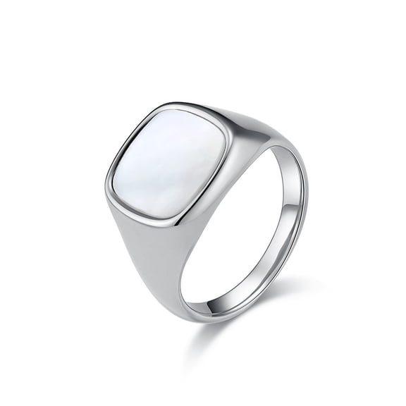 PAURO Men Stainless Steel Signet Rings Shell Inlay Wedding Band Comfort Fit Silver Size 10