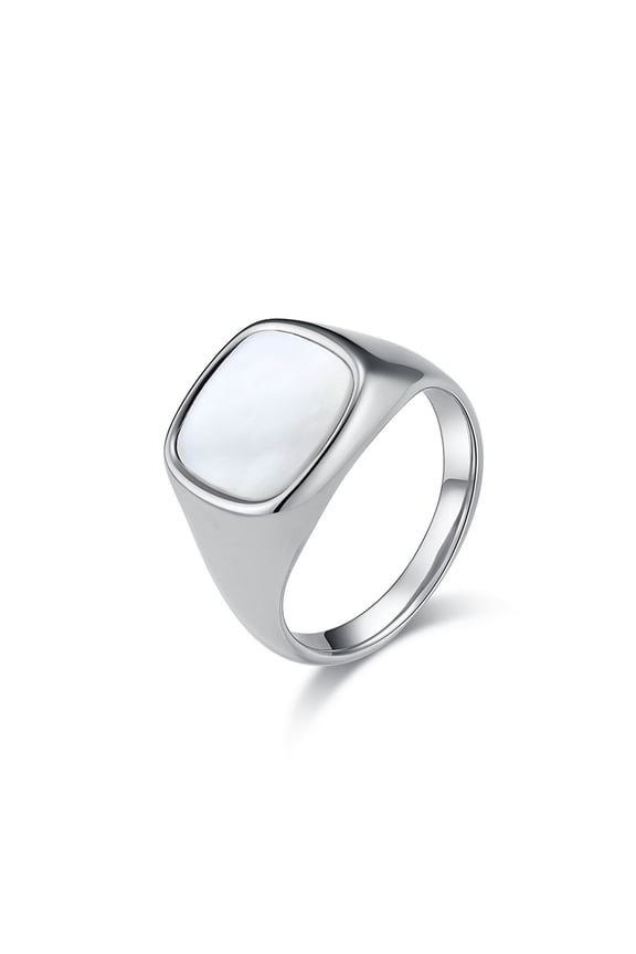 Men Stainless Steel Signet Rings Shell Inlay Wedding Band Comfort Fit Silver Size 7