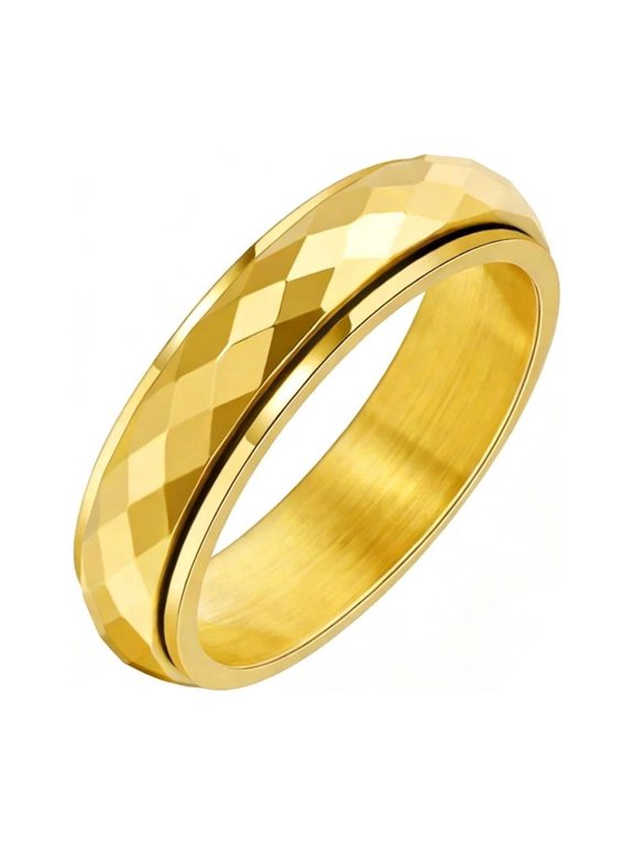 Men Stainless Steel Spinner Ring Anxiety Relief Fidget Faceted Rotatable Ring Spinning Bands 6mm Gold Plated Size 13
