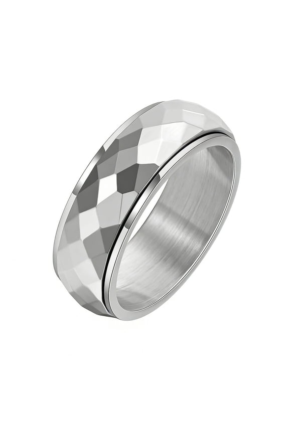 Men Stainless Steel Spinner Ring Anxiety Relief Fidget Faceted Rotatable Ring Spinning Bands 8mm Silver Size 10