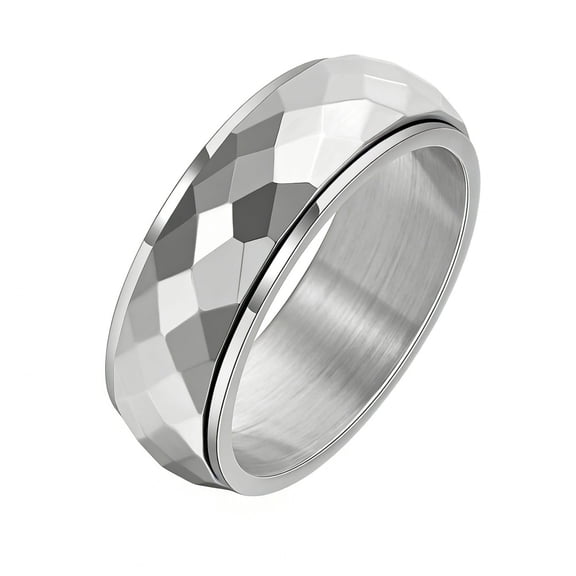 PAURO Men Stainless Steel Spinner Ring Anxiety Relief Fidget Faceted Rotatable Ring Spinning Bands 8mm Silver Size 7