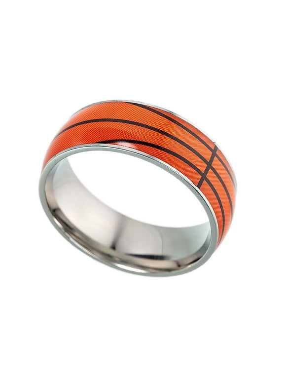 Men Stainless Steel Sports Balls Ring 8mm Basketball Pattern Band Football Rugby Baseball Ring Outdoor Sport Jewelry Size 13