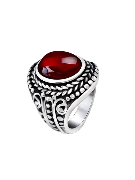 Men Vintage Oval Gemtone Rings Retro Stainless Steel Stone Wedding Engagement Rings Red Size 9