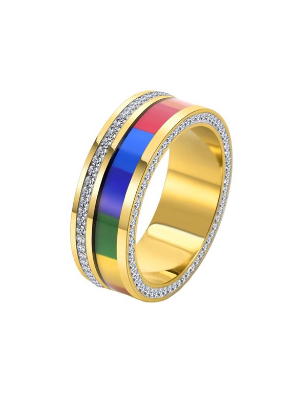 Men Women's Stainless Steel LGBT Pride Flag Rainbow Ring with Cubic Zirconia Promise Wedding Band Rotatable Gold Size 8
