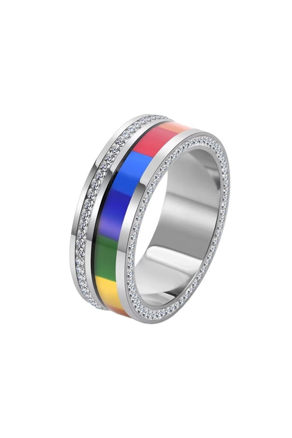 Men Women's Stainless Steel LGBT Pride Flag Rainbow Ring with Cubic Zirconia Promise Wedding Band Rotatable Silver Size 7