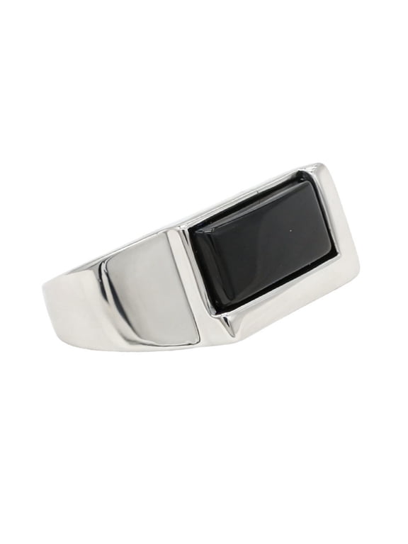 Men's Cushion Gemstone Signet Ring Personalized Minimalist Polish Comfort Fit Silver Plated Black Size 8