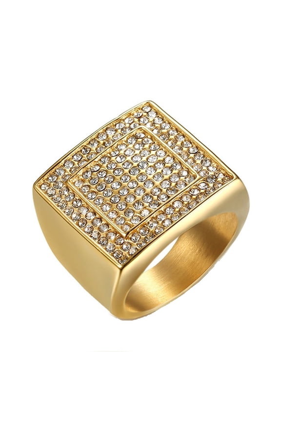 Men's Gold Plated Square Signet Ring Cubic Zirconia Inlaid Bling Retro Hip Hop Punk Iced-Out Ring Jewelry for Women and Men Style C Size 10