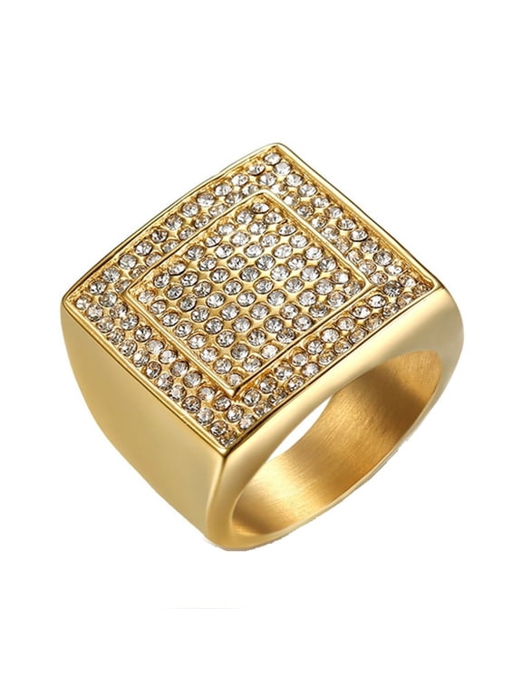 Men's Gold Plated Square Signet Ring Cubic Zirconia Inlaid Bling Retro Hip Hop Punk Iced-Out Ring Jewelry for Women and Men Style C Size 9