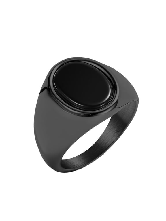Men's Oval Black Onyx Signet Ring Classic Minimalist Polish Plain Gemstone Band Ring Black Size 7