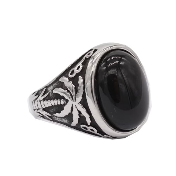 PAURO Men's Oval Gemstone Ring with Coconut Tree Leaf Carved Rings Classic Vintage Gothic Jewelry Black Stone Size 9