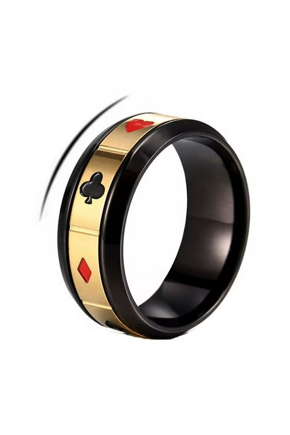 Men's Poker Aces Rotatable Ring 8mm Stainless Steel Rings Playing Card Spade Hip Hop Poker Games Band Ring Black Plated Gold 13