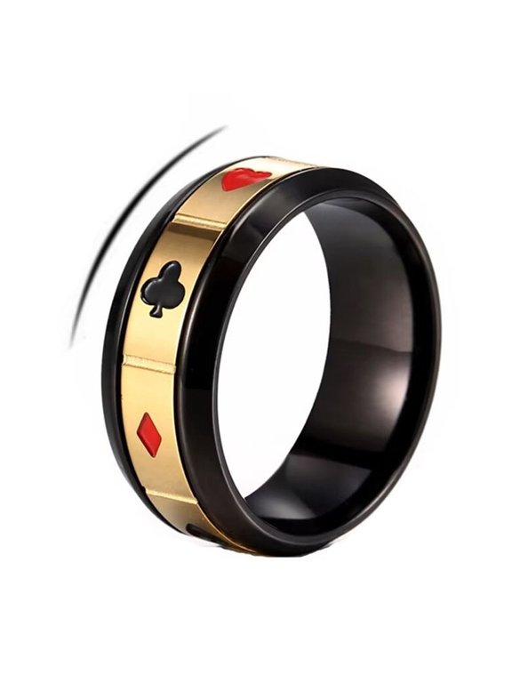 Men's Poker Aces Rotatable Ring 8mm Stainless Steel Rings Playing Card Spade Hip Hop Poker Games Band Ring Black Plated Gold 8