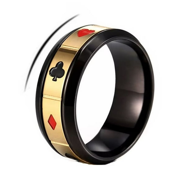 PAURO Men's Poker Aces Rotatable Ring 8mm Stainless Steel Rings Playing Card Spade Hip Hop Poker Games Band Ring Black Plated Gold 9