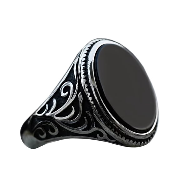 PAURO Men's Retro Stainless Steel Oval Black Agate Signet Ring Flower Statement Rings Silver Size 8