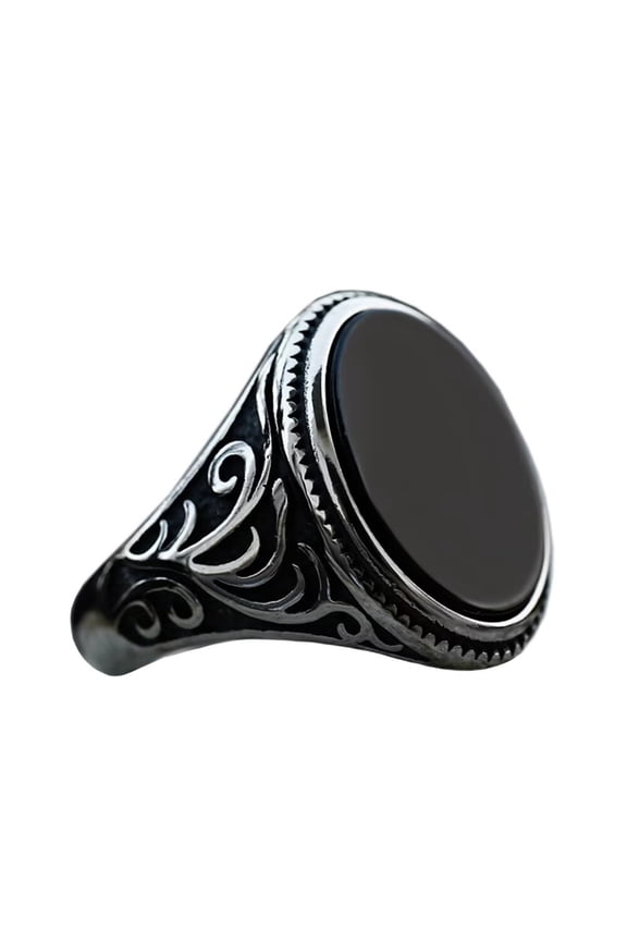 Men's Retro Stainless Steel Oval Black Agate Signet Ring Flower Statement Rings Silver Size 8